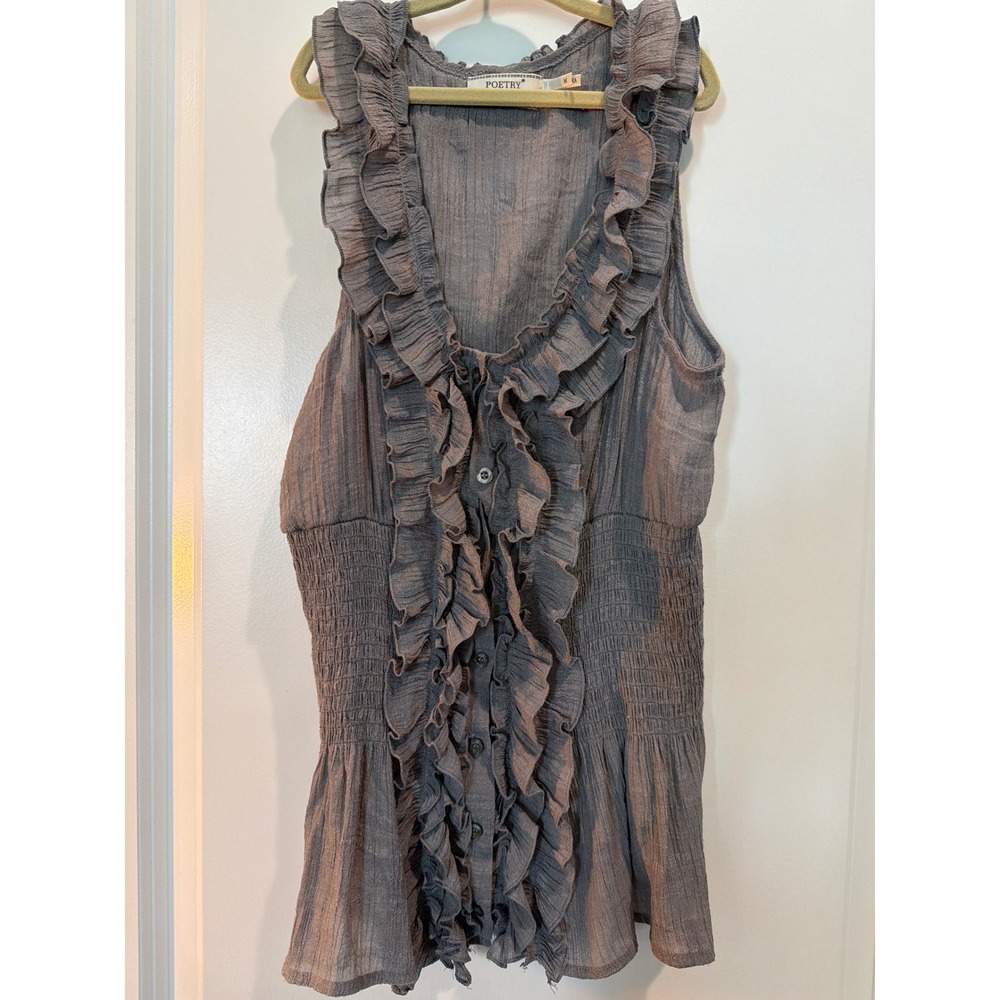 Poetry Grey Ruffle Smocked Waist Peplum Sleeveless Blouse Medium 4054B1T